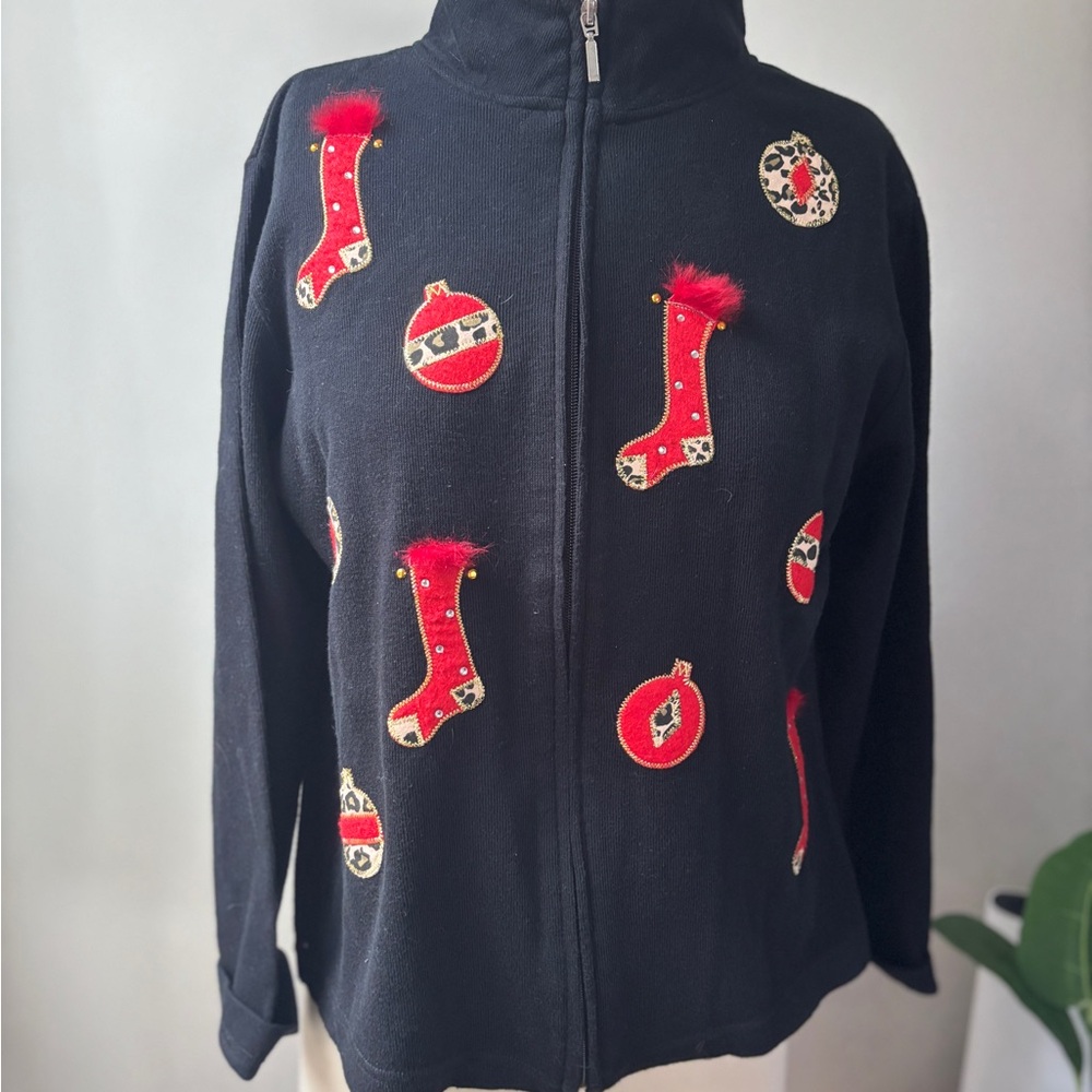 Festive Black Zip-Up Jacket with Red Holiday Accents